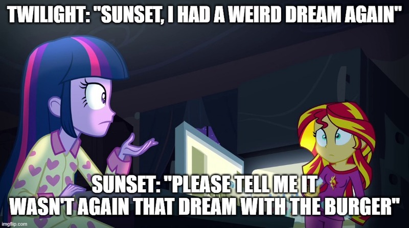 Size: 896x500 | Tagged: safe, derpibooru import, edit, edited screencap, editor:twi clown, screencap, sunset shimmer, twilight sparkle, twilight sparkle (alicorn), alicorn, equestria girls, rainbow rocks, caption, clothes, duo, food, image macro, pajamas, text, whipped cream