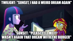 Size: 896x500 | Tagged: safe, derpibooru import, edit, edited screencap, editor:twi clown, screencap, sunset shimmer, twilight sparkle, twilight sparkle (alicorn), alicorn, equestria girls, rainbow rocks, caption, clothes, duo, food, image macro, pajamas, text, whipped cream