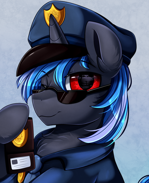 Size: 1443x1764 | Tagged: safe, artist:pridark, derpibooru import, oc, unofficial characters only, pony, unicorn, bust, chest fluff, clothes, commission, cute, handsome, male, police hat, police officer, police uniform, portrait, red eyes, solo, sunglasses, uniform