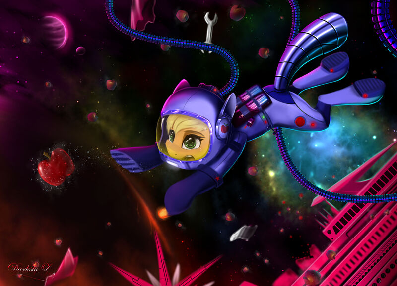 Size: 4500x3250 | Tagged: safe, artist:darksly, derpibooru import, applejack, earth pony, pony, absurd resolution, apple, digital art, female, food, mare, solo, space, spaceship, spacesuit, wrench