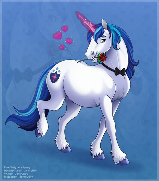 Size: 1128x1280 | Tagged: safe, artist:jenery, derpibooru import, shining armor, pony, unicorn, bedroom eyes, bowtie, flower, flower in mouth, glowing horn, heart, hoers, horn, male, mouth hold, one hoof raised, raised hoof, rose, smiling, solo, stallion, unshorn fetlocks