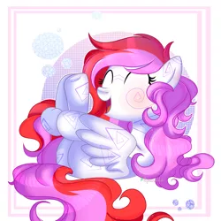 Size: 3500x3500 | Tagged: safe, artist:2pandita, derpibooru import, oc, oc:ayame, unofficial characters only, pegasus, pony, abstract background, blushing, coat markings, female, happy, mare, open mouth, solo, underhoof