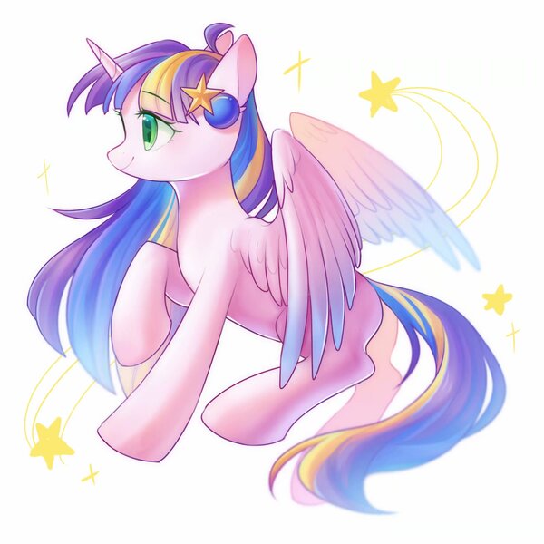 Size: 1600x1600 | Tagged: safe, artist:leafywind, derpibooru import, oc, unofficial characters only, alicorn, pony, alicorn oc, colored wings, female, gradient wings, horn, mare, profile, raised hoof, smiling, solo, spread wings, starry eyes, stars, wingding eyes, wings