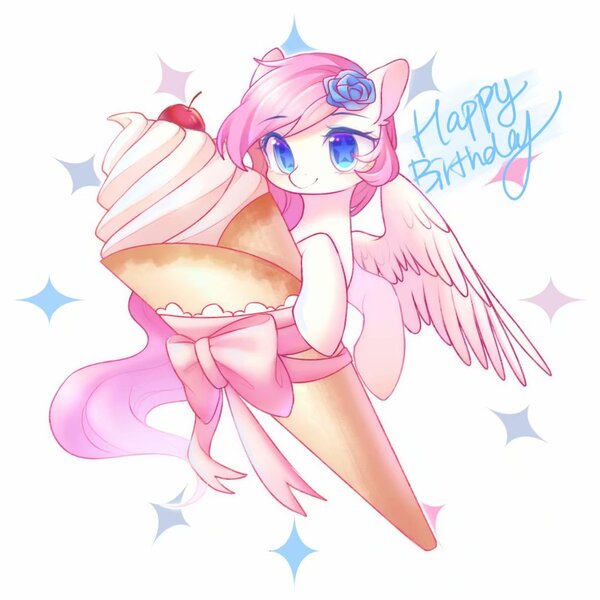 Size: 1080x1080 | Tagged: safe, artist:leafywind, derpibooru import, oc, oc:leafy, unofficial characters only, pegasus, pony, blue eyes, cherry, female, flower, flower in hair, food, happy birthday, ice cream, mare, smiling, solo, spread wings, starry eyes, wingding eyes, wings