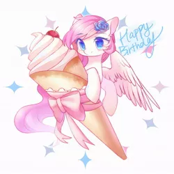 Size: 1080x1080 | Tagged: safe, artist:leafywind, derpibooru import, oc, oc:leafy, unofficial characters only, pegasus, pony, blue eyes, cherry, female, flower, flower in hair, food, happy birthday, ice cream, mare, smiling, solo, spread wings, starry eyes, wingding eyes, wings