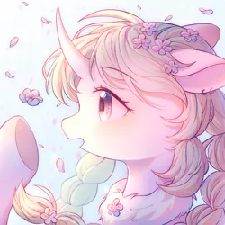 Size: 1800x1800 | Tagged: safe, artist:leafywind, derpibooru import, oc, unofficial characters only, pony, unicorn, blushing, braid, bust, clothes, curved horn, ear piercing, earring, female, floppy ears, flower, flower in hair, horn, jewelry, mare, open mouth, piercing, portrait, profile, solo, starry eyes, surprised, underhoof, wingding eyes