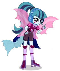 Size: 1755x2094 | Tagged: safe, artist:starflashing twinkle, derpibooru import, sonata dusk, equestria girls, ankle bracelet, bow, clothes, cute, disguise, disguised siren, female, fin wings, fingerless gloves, fish tail, gloves, headset, monocle, simple background, socks, solo, standing, thigh highs, transparent background, wings, wristband
