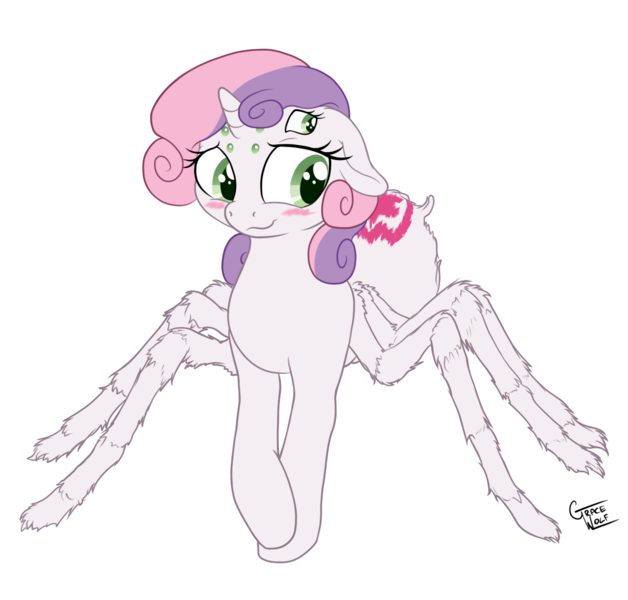 Size: 1200x1147 | Tagged: safe, artist:deserter, artist:gracewolf, color edit, derpibooru import, edit, editor:deserter, sweetie belle, monster pony, original species, spiderpony, unicorn, adoracreepy, bashful, blushing, colored, creepy, cute, cutie mark, diasweetes, female, hair over one eye, simple background, solo, species swap, transparent background