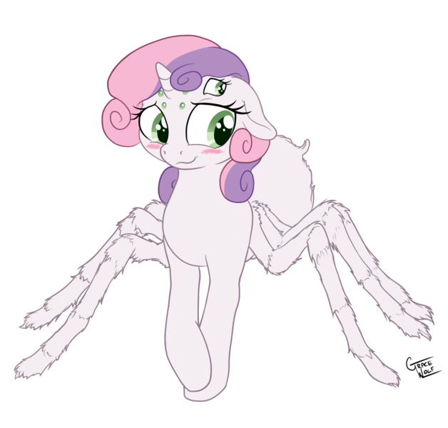 Size: 1200x1147 | Tagged: safe, alternate version, artist:deserter, artist:gracewolf, color edit, derpibooru import, edit, editor:deserter, sweetie belle, monster pony, original species, spiderpony, unicorn, adoracreepy, bashful, blushing, colored, creepy, cute, diasweetes, female, hair over one eye, i can't believe it's not badumsquish, simple background, solo, species swap, transparent background