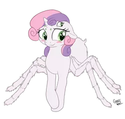 Size: 1200x1147 | Tagged: safe, alternate version, artist:deserter, artist:gracewolf, color edit, derpibooru import, edit, editor:deserter, sweetie belle, monster pony, original species, spiderpony, unicorn, adoracreepy, bashful, blushing, colored, creepy, cute, diasweetes, female, hair over one eye, i can't believe it's not badumsquish, simple background, solo, species swap, transparent background
