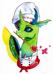 Size: 1024x1412 | Tagged: safe, artist:lailyren, derpibooru import, oc, unofficial characters only, changedling, changeling, insect, bust, changeling oc, commission, cook, fanfic art, kiss the cook, male, portrait, solo, traditional art, watercolor painting