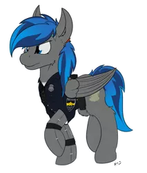Size: 2767x3254 | Tagged: safe, artist:kamithepony, derpibooru import, oc, oc:atom bomb, unofficial characters only, pegasus, pony, amputee, cyberpunk, female, mare, police, police officer, police uniform, prosthetic limb, prosthetics, robotic arm, sierra nevada, simple background, solo, transparent background