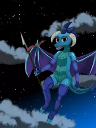 Size: 1920x2560 | Tagged: safe, artist:meodaiduoi, derpibooru import, princess ember, anthro, dragon, clothes, cloud, flying, looking at you, night, socks, spear, spread wings, stockings, thigh highs, weapon, wings