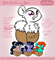 Size: 3250x3528 | Tagged: safe, artist:kimjoman, derpibooru import, oc, oc:crescend cinnamon, oc:purple flix, unofficial characters only, earth pony, pegasus, pony, unicorn, box, chest fluff, commission, cute, female, fluffy, happy, male, text, ych example, your character here