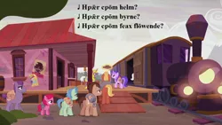 Size: 1280x720 | Tagged: cerise sunrise, derpibooru import, doctor whooves, edit, edited screencap, kilroy was here, king sombra, lament of the rohirrim, lord of the rings, lyrics, magic, magic aura, old english, redone, rosie the riveter, royal guard, safe, screencap, seafoam, sea swirl, song reference, text, the cutie re-mark, the two towers, the two towers (film), time turner, tolkien, train, train station, translated in the description, translator:david salo, you know for kids