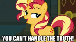 Size: 1280x720 | Tagged: safe, derpibooru import, edit, edited screencap, editor:jaredking203, screencap, sunset shimmer, pony, unicorn, equestria girls, equestria girls series, forgotten friendship, a few good men, caption, female, image macro, mare, meme, movie reference, reference, smugset shimmer, solo, text