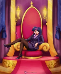 Size: 2000x2430 | Tagged: artist:king-kakapo, canterlot throne room, clothes, derpibooru import, female, high heels, high res, human, humanized, legs, open mouth, pantyhose, safe, scepter, shoes, sitting, skirt, skirt suit, solo, suit, throne, twilight sparkle