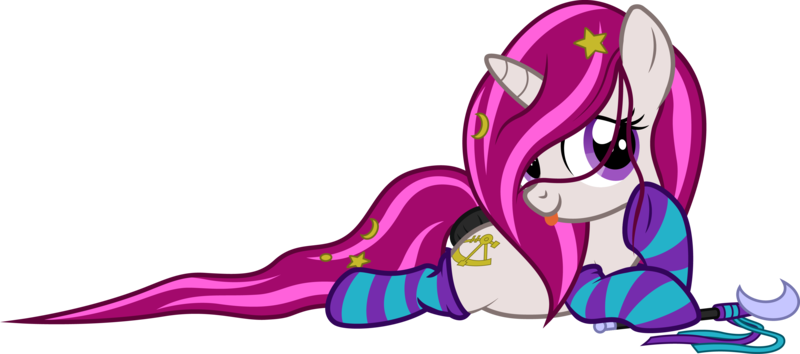 Size: 3720x1648 | Tagged: safe, artist:lightning stripe, derpibooru import, oc, oc:zew, pony, unicorn, clothes, commission, cute, cutie mark, female, filly, foal, horn, long mane, long tail, lying down, ocbetes, pink mane, prone, purple eyes, ribbon, show accurate, simple background, smiling, socks, solo, striped socks, tail wrap, thigh highs, transparent background, vector, wand, white coat