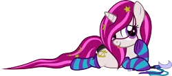 Size: 3720x1648 | Tagged: safe, artist:lightning stripe, derpibooru import, oc, oc:zew, pony, unicorn, clothes, commission, cute, cutie mark, female, filly, foal, horn, long mane, long tail, lying down, ocbetes, pink mane, prone, purple eyes, ribbon, show accurate, simple background, smiling, socks, solo, striped socks, tail wrap, thigh highs, transparent background, vector, wand, white coat