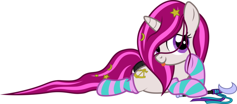 Size: 3720x1648 | Tagged: safe, alternate version, artist:lightning stripe, color edit, derpibooru import, edit, oc, oc:zew, pony, unicorn, clothes, colored, commission, cute, cutie mark, female, filly, foal, horn, long mane, long tail, lying down, ocbetes, pink mane, prone, purple eyes, ribbon, show accurate, simple background, smiling, socks, solo, striped socks, tail wrap, thigh highs, transparent background, vector, wand, white coat