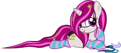Size: 3720x1648 | Tagged: safe, alternate version, artist:lightning stripe, color edit, derpibooru import, edit, oc, oc:zew, pony, unicorn, clothes, colored, commission, cute, cutie mark, female, filly, foal, horn, long mane, long tail, lying down, ocbetes, pink mane, prone, purple eyes, ribbon, show accurate, simple background, smiling, socks, solo, striped socks, tail wrap, thigh highs, transparent background, vector, wand, white coat