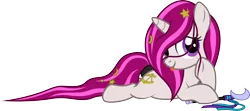 Size: 3720x1648 | Tagged: safe, artist:lightning stripe, derpibooru import, edit, oc, oc:zew, pony, unicorn, accessory-less edit, clothes, commission, cute, cutie mark, female, filly, foal, horn, long mane, long tail, lying down, missing accessory, ocbetes, pink mane, prone, purple eyes, ribbon, show accurate, simple background, smiling, solo, tail wrap, transparent background, vector, wand, white coat