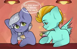 Size: 2224x1423 | Tagged: safe, artist:screpka, derpibooru import, lightning dust, limestone pie, earth pony, pegasus, pony, alcohol, cocktail, cocktail umbrella, commission, drink, drinking, drunk, female, flirting, glass, hoof hold, lesbian, lime, limedust, limestone is not amused, mare, raised hoof, shipping, unamused, ych result