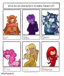 Size: 1078x1286 | Tagged: safe, artist:blue_beanz_101, derpibooru import, pinkie pie, anthro, earth pony, echidna, human, pony, six fanarts, angie yonaga, anthro with ponies, crossed arms, crossover, danganronpa, danganronpa 2, danganronpa v3, female, grin, ibuki mioda, knuckles the echidna, male, mare, sanders sides, smiling, sonic the hedgehog (series), your turn to die