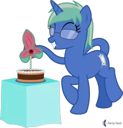 Size: 4000x4151 | Tagged: safe, artist:parclytaxel, derpibooru import, oc, oc:nova spark, unofficial characters only, monster pony, original species, pony, tatzlpony, unicorn, .svg available, absurd resolution, birthday cake, cake, candle, cute, cute little fangs, excited, fangs, female, food, glasses, mare, monthly reward, simple background, smiling, solo, tail maw, transparent background, vector