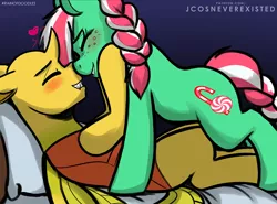 Size: 1280x947 | Tagged: safe, artist:jcosneverexisted, derpibooru import, oc, oc:pepper, oc:ren the changeling, unofficial characters only, changeling, pony, bed, blushing, cuddling, eyes closed, female, interspecies, lying, male, peppen, reformed, shipping, yellow changeling
