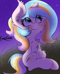 Size: 1715x2121 | Tagged: safe, artist:freefraq, derpibooru import, oc, oc:oofy colorful, unofficial characters only, pony, unicorn, cheek fluff, chest fluff, ear fluff, female, grass, mare, night, night sky, signature, sitting, sky, solo, starry night