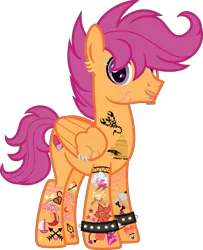 Size: 3500x4308 | Tagged: safe, artist:n0kkun, derpibooru import, scootaloo, pegasus, pony, absurd resolution, alternate hairstyle, alternate universe, bracelet, commission, cutie mark, ear piercing, earring, eyebrow piercing, facial hair, headcanon, jewelry, lip piercing, male, older, older scootaloo, piercing, scar, simple background, solo, spiked wristband, stallion, stubble, tattoo, the cmc's cutie marks, trans male, transgender, transparent background, wing piercing, wristband