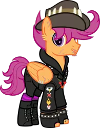 Size: 3500x4493 | Tagged: safe, artist:n0kkun, derpibooru import, scootaloo, pegasus, pony, absurd resolution, alternate hairstyle, alternate universe, badge, boots, bracelet, clothes, commission, ear piercing, earring, eyebrow piercing, facial hair, fingerless gloves, gloves, hat, headcanon, heart, hoodie, jacket, jewelry, leather jacket, lip piercing, male, necklace, older, older scootaloo, piercing, pin, scar, shoes, shorts, simple background, socks, solo, spiked wristband, stallion, striped socks, stubble, tattoo, trans male, transgender, transparent background, wing piercing, wristband