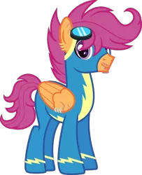 Size: 3500x4308 | Tagged: safe, artist:n0kkun, derpibooru import, scootaloo, pegasus, pony, absurd resolution, alternate hairstyle, alternate universe, clothes, commission, ear piercing, earring, facial hair, goggles, headcanon, jewelry, lip piercing, male, older, older scootaloo, piercing, scar, simple background, solo, stallion, stubble, trans male, transgender, transparent background, uniform, wing piercing, wonderbolt scootaloo, wonderbolts, wonderbolts uniform