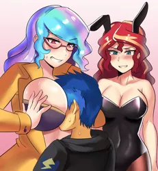 Size: 2500x2700 | Tagged: suggestive, artist:tzc, derpibooru import, flash sentry, princess celestia, sunset shimmer, human, equestria girls, equestria girls series, absolute cleavage, age difference, anime, bedroom eyes, between breasts, big breasts, blazer, blushing, boob smothering, boob squish, bra, breasts, bunny suit, busty princess celestia, busty sunset shimmer, cleavage, clothes, commission, cougar, female, flash sentry gets all the waifus, flashimmer, flashlestia, glasses, grin, hoodie, huge breasts, imminent sex, imminent threesome, jacket, lidded eyes, lucky bastard, male, motorboating, open clothes, open shirt, playboy bunny, principal and student, principal celestia, sexy, shipping, smiling, smirk, smothering, straight, surprised, sweat, sweatdrop, teacher and student, teeth, touch, underwear