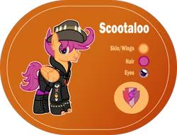 Size: 1400x1068 | Tagged: safe, artist:n0kkun, derpibooru import, scootaloo, pegasus, pony, absurd resolution, alternate hairstyle, alternate universe, badge, boots, bracelet, clothes, commission, cutie mark, ear piercing, earring, eyebrow piercing, facial hair, fingerless gloves, gloves, hat, headcanon, heart, hoodie, jacket, jewelry, leather jacket, lip piercing, male, necklace, older, older scootaloo, orange background, piercing, pin, reference sheet, scar, shoes, shorts, simple background, socks, solo, spiked wristband, stallion, striped socks, stubble, tattoo, the cmc's cutie marks, trans male, transgender, transparent background, wing piercing, wristband