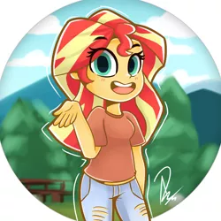 Size: 2000x2000 | Tagged: safe, artist:rivin177, derpibooru import, sunset shimmer, equestria girls, clothes, cute, female, high res, jeans, looking at you, open mouth, pants, ripped jeans, shimmerbetes, smiling, solo