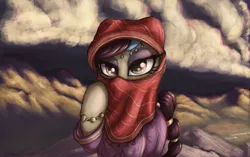 Size: 2500x1570 | Tagged: safe, artist:t72b, derpibooru import, oc, earth pony, pony, saddle arabian, clothes, cloud, desert, eyeshadow, female, jewelry, looking at you, makeup, mare, mountain, mountain range, river, shawl, solo, sunset, thunderhead, valley