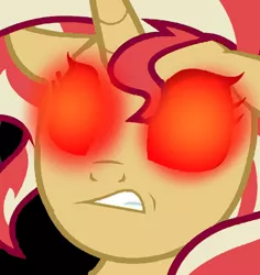 Size: 828x878 | Tagged: safe, artist:mellow91, derpibooru import, edit, edited screencap, screencap, sunset shimmer, black background, clenched teeth, female, glowing eyes, grimace, possessed, red eyes, simple background, solo