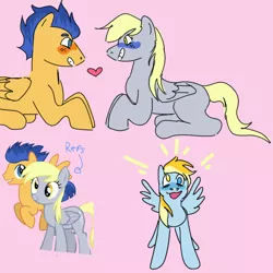 Size: 540x540 | Tagged: safe, artist:ponytots, derpibooru import, derpy hooves, flash sentry, oc, derp, derpsentry, female, heterochromia, male, missing cutie mark, offspring, parent:derpy hooves, parent:flash sentry, parents:derpsentry, pink background, shipping, simple background, straight