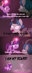 Size: 2000x4500 | Tagged: safe, derpibooru import, edit, edited screencap, screencap, starlight glimmer, stygian, twilight sparkle, twilight sparkle (alicorn), alicorn, pony, unicorn, shadow play, angry, artificial wings, augmented, badass boast, big crown thingy, caption, comic, dark magic, darkness, element of magic, female, glowing eyes, glowing horn, horn, illidan stormrage, image macro, jewelry, magic, magic wings, male, mare, open mouth, raised hoof, reference, regalia, screencap comic, text, warcraft, wings, world of warcraft, yelling