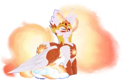 Size: 2241x1498 | Tagged: safe, artist:vanillaswirl6, derpibooru import, daybreaker, oc, oc:radiance, alicorn, pony, four wings, jewelry, multiple wings, next generation, parent:daybreaker, parent:discord, regalia, simple background, transparent background, wing blanket, wings