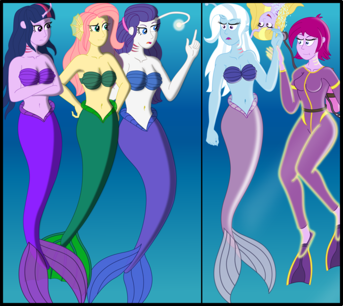 Size: 1999x1784 | Tagged: safe, artist:physicrodrigo, derpibooru import, part of a set, fluttershy, fuchsia blush, lavender lace, rarity, trixie, twilight sparkle, angler fish, fish, mermaid, series:equestria mermaids, equestria girls, :t, air tank, belly button, bra, breasts, bubble, busty fluttershy, busty fuchsia blush, busty rarity, busty trixie, busty twilight sparkle, cleavage, clothes, crossed arms, ear fins, flippers, frown, gills, glow, hands on hip, happy, magic, mermaidized, oh crap, open mouth, part of a series, raised eyebrow, raised finger, rebreather, scuba, seashell bra, smiling, species swap, story included, transformation, trixie and the illusions, two panels, underwater, underwear, upside down, wetsuit, wrist grab