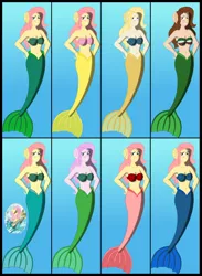 Size: 3500x4792 | Tagged: safe, artist:physicrodrigo, derpibooru import, idw, fluttershy, mermaid, series:equestria mermaids, equestria girls, absurd resolution, alternate versions, aryan, belly button, blonde hair, blue eyes, blushing, bra, brown eyes, brown hair, clothes, color theory, dreamworks face, ear fins, flag bikini, grin, hands on hip, human coloration, looking at you, mermaidized, mexican, mexico, pink hair, pink skin, pony coloring, raised eyebrow, recolor, reference, seashell bra, smiling, species swap, underwater, underwear