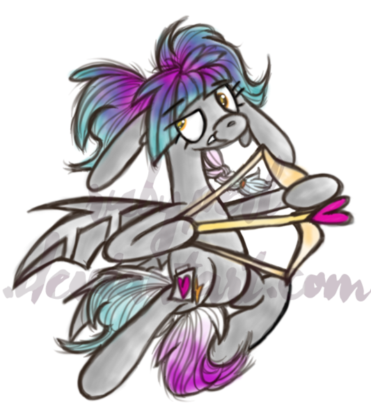 Size: 580x653 | Tagged: safe, artist:twilightcomet, derpibooru import, oc, oc:flicker flash, bat pony, pony, arrow, bat pony oc, bat wings, bow (weapon), bow and arrow, cupid, female, heart arrow, mare, simple background, solo, transparent background, weapon, wings