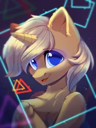 Size: 2048x2732 | Tagged: safe, artist:alphadesu, derpibooru import, oc, oc:sunlight bolt, pony, unicorn, abstract background, bust, cyberpunk, ear fluff, looking at you, male, portrait, solo, stallion