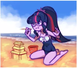 Size: 2330x2050 | Tagged: safe, artist:drantyno, derpibooru import, sci-twi, twilight sparkle, equestria girls, adorkable, barefoot, beach, bucket, clothes, cute, dork, egghead, feet, female, glasses, one-piece swimsuit, pencil, sand, sand sculpture, sandcastle, sitting, solo, swimsuit, twiabetes