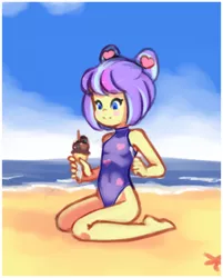 Size: 1400x1740 | Tagged: safe, artist:drantyno, derpibooru import, supernova zap, equestria girls, equestria girls series, sunset's backstage pass!, spoiler:eqg series (season 2), barefoot, beach, blushing, clothes, cute, feet, female, food, ice cream, one-piece swimsuit, smiling, solo, su-z, su-z-betes, swimsuit