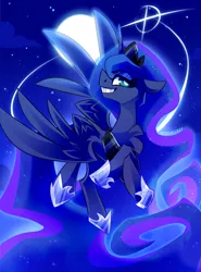 Size: 2512x3400 | Tagged: safe, artist:nekosnicker, derpibooru import, princess luna, alicorn, pony, chest fluff, cute, female, flying, full moon, grin, high res, lunabetes, mare, moon, night, profile, sky, smiling, solo