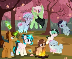 Size: 2048x1666 | Tagged: safe, artist:shinningblossom12, derpibooru import, oc, oc:drawing, oc:shinning blossom, unofficial characters only, pegasus, pony, unicorn, base used, campfire, clothes, female, filly, flying, glasses, glowing horn, horn, jewelry, looking back, magic, male, mare, necklace, open mouth, outdoors, pegasus oc, smiling, stallion, telekinesis, tree, unicorn oc, wings